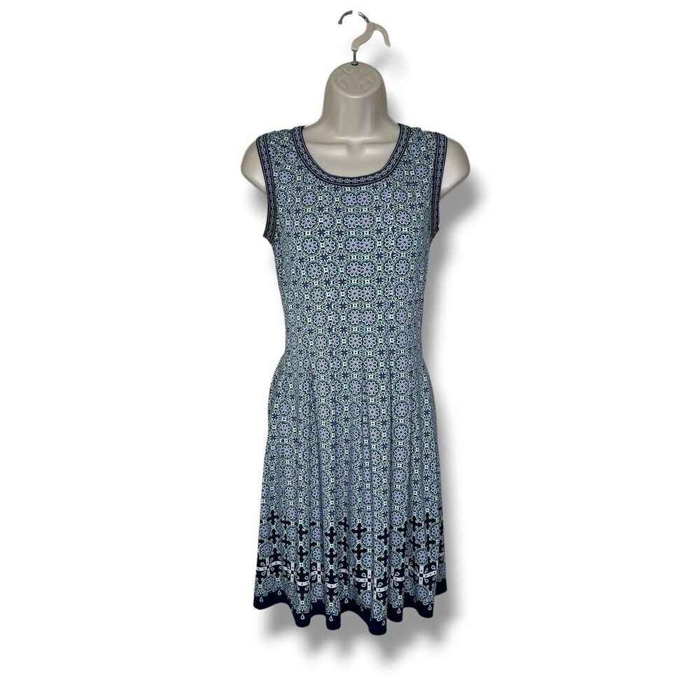 Max Studio Sleeveless Fit & Flare Dress Blue Green Geometric Print Size Small